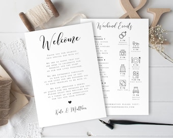 Wedding Day Itinerary Template, Welcome Letter, 100% Editable Icon Timeline, Order Of Events, Modern Welcome Bag Insert, Templett #vmt5111
