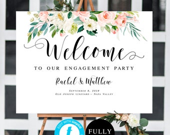 Blush Floral Engagement party sign printable Fully editable Welcome board ideas Instant download Templett Digital Pink Engaged sign #vmt113