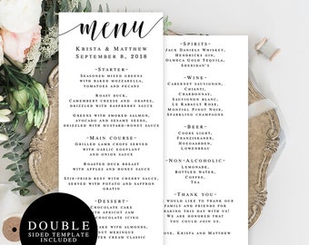 Wedding menu template double sided Editable menu card Wedding table decor Rustic wedding menu Country chic wedding Printable menu card #vm31