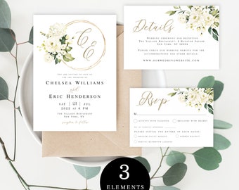 Wedding Invitation Suite, Templett, Fully Editable, Hydrangea Roses Monogram, Garden Invite Packages, Gold Wreath, White Floral DIY #vmt4216