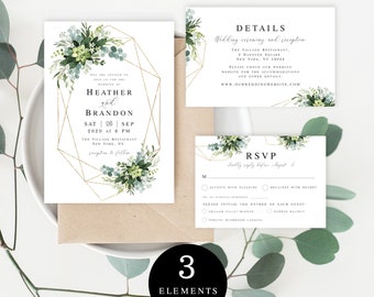 Greenery Wedding Invite Set, Printable Templates, RSVP, Invitation Templett, Instant Download, Fully Editable, Eucalyptus, Leaves #vmt4121