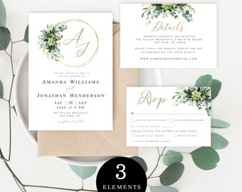 Foliage Wedding Invitation Suite Template, Invite Inserts, Calligraphy, Fully Editable Set, Downloadable, Templett, Botanical, Gold #vmt4221