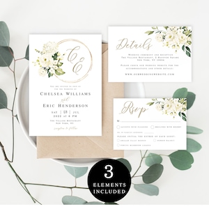 Wedding Invitation Suite, Templett, Fully Editable, Hydrangea Roses Monogram, Garden Invite Packages, Gold Wreath, White Floral DIY #vmt4216
