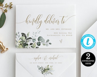 Greenery Gold Wedding Envelope Template, Try Before You Buy, With Return Address, Printable, Addressing, Kindly Deliver To, Templett #c61