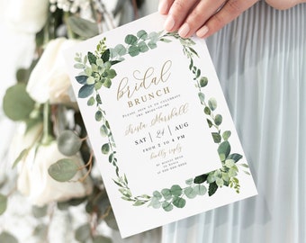 Greenery Gold Invitation, Bridal Brunch Template, Templett, Instant download Invite, Succulent, Foliage, Garden, Plant, Eucalyptus #vmt4221