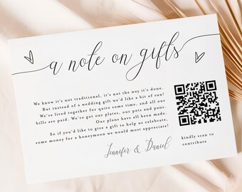 Minimalist Invitation Insert Card, Minimalist A Note On Gifts Card, Minimalist Invite Honeymoon Fund Card With QR Code #vmt12