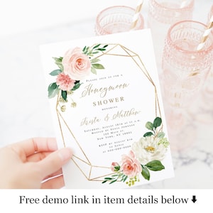 Wedding Honeymoon Shower Invitation Template, Couples Party Invite, Honeyfund, Templett, Try before you buy, Blush Floral Geometric #vmt423