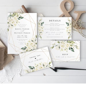 Wedding invite sets printable templates Try before you buy 100% Editable Templett Invitation White Floral, Simple, Gold Geometric vmt3116 image 2