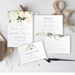 White Hydrangea Wedding invitation set template download Fully Editable Printable DIY Downloadable Templett Create multiple Leaves #vmt3116