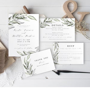 Olive Branch Template for wedding invitation suite Fully editable Printable wedding invites RSVP Thank you Details insert Italian #vmt3115