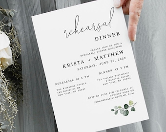 Minimalist Rehearsal Dinner Invitation Template, Printable Invite, Print at home, Templett, Digital Personalized, Eucalyptus Branch #vmt21