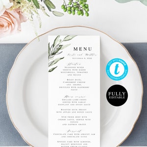 Hochzeitsmenü Vorlage, bedruckbar, vor dem Kauf auszuprobieren, Templett, 100% bearbeitbar, Sofort Download, DIY Karte, pdf jpg, Olive, Toskana #vmt3115