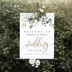 Greenery Wedding Shower Willkommensschild, vollständig bearbeitbare Vorlage, unbegrenztes DIY, herunterladbar, Templett 18x24, 24x36, Botanisch, Boho #c61
