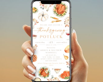 May include: A smartphone displays a Thanksgiving potluck invitation. The invitation features watercolor illustrations of a roasted turkey, pumpkin, pie, and other festive foods. The text reads "Thanksgiving Potluck" with the date and time.