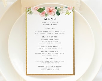 Wedding Menu Card Template, Reception, Couples Shower, Try Before You Buy, 100% Editable Text, Bridal Brunch, Blush Floral Gold Foil DIY #c3