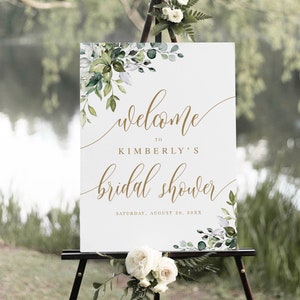 Bridal Shower Welcome Sign Template, Fully Editable Text, Brunch Party, Wedding Countdown diy, Days Until She Says I Do, Greenery Gold #c61