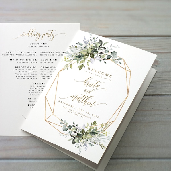 Printable Program Template, Edit With Templett, Folded, Instant download, Editable Order of Service, Eucalyptus Greenery, Gold, Boho #c61
