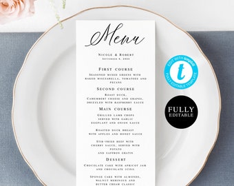 Wedding Table Menu Template, Instant Download, Print at home, Self-Editing, Digital Templett, Modern, Minimalist, Elegant, Simple #vmt410