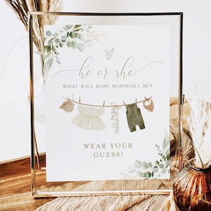 He or She Wear Your Guess Game Sign, He or She What Will Baby Be, Boy or Girl Sign, Gender Guess Game, Gender Reveal Game Printable #p14