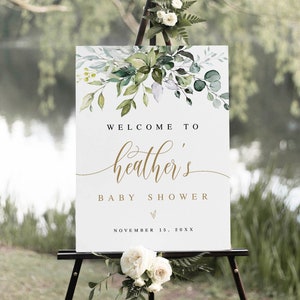 Baby Shower Welcome Sign Template, Printable Poster, Boy or Girl, Gender Neutral, DIY Personalized, Digital, Greenery Gold, Eucalyptus #c61