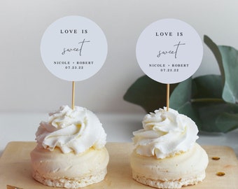 Instant Download Cupcake Topper, Love Is Sweet Favor Tag Template, Wedding Candy Bar, Personalized, 2x2, Editable, Minimalist Simple #vmt710