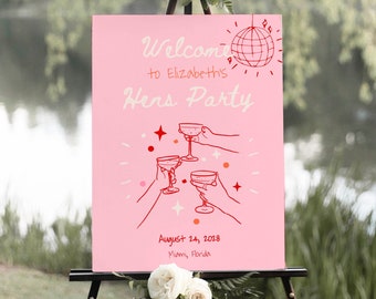 Disco Ball Hen Party Welcome Sign, Funky Colorful Hen Party Welcome Sign Hand Drawn Hen Party Sign, Hen Sign, Wife of The Party Poster #c97p