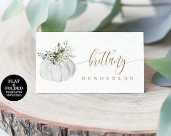 Greenery Place Cards Template, Editable, Name, Instant Download, Thanksgiving, Printable, Bridal, Couples Shower, White Pumpkin Gold #ct61
