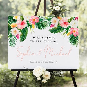 Tropical Floral Wedding Sign Template, Welcome Board Printable, Fully Editable, Instant download, Templett, Greenery, Foliage, Summer #vmt34