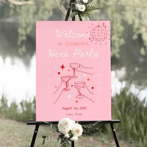 Disco Ball Hen Party Willkommensschild, lustiges buntes Hen Party-Willkommensschild Handgezeichnetes Hen Party-Schild, Henne Zeichen, Frau der Party Poster #c97p