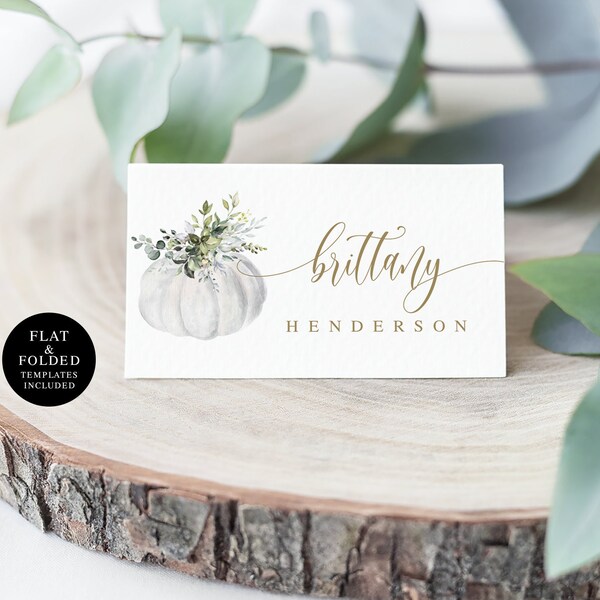 Greenery Place Cards Template, Editable, Name, Instant Download, Thanksgiving, Printable, Bridal, Couples Shower, White Pumpkin Gold #ct61