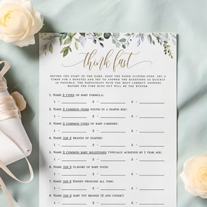 Think Fast Baby Shower Game, Think Fast Game, Minimalist Baby Shower Game Template, Baby Shower Trivia Game, Think Fast, Boho Greenery #c61
