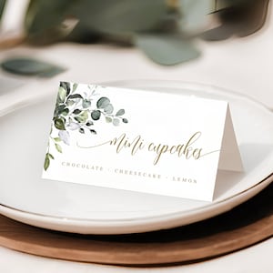 Plantilla de tarjeta de etiqueta de comida con diseño de oro y vegetación, tarjeta de buffet para despedida de soltera, mini cupcakes, recepción de boda, personalizada, personalizada, Templett #c61