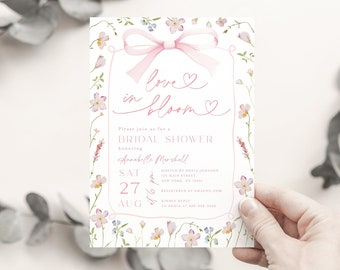 Love In Bloom Invitation, Pink Bow Love In Bloom Invitation, Bow Floral Invitation, Wildflower Spring Floral Bridal Shower Invitation #b14f