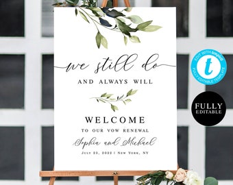 Wedding Vow Renewal Template, Renewal of Vows Welcome Board Printable, Fully Editable, Instant download, Templett, Greenery, Foliage #vmt43