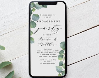 Electronic Engagement Announcement Card, Evite, Text Message Invite, Phone, Eco Friendly, Try before you buy,  Greenery Eucalyptus #vmt314