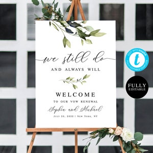 Wedding Vow Renewal Template, Renewal of Vows Welcome Board Printable, Fully Editable, Instant download, Templett, Greenery, Foliage #vmt43