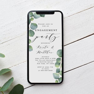 Electronic Engagement Announcement Card, Evite, Text Message Invite, Phone, Eco Friendly, Try before you buy,  Greenery Eucalyptus #vmt314