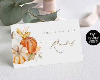 Naamkaartjes Templett, download, Thanksgiving-diner, So Very Thank For You, afdrukbaar, Friendsgiving, plaats, goud, pompoenbladeren #ct68