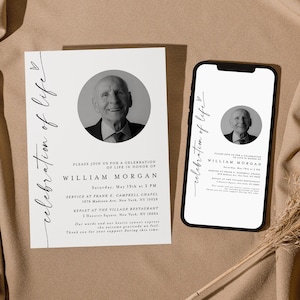 May include: A black and white photo of a man is featured on a white card with black text. The card is a celebration of life announcement for William Morgan. The text includes the date, time, and location of the service and repast. The card is on a brown surface.