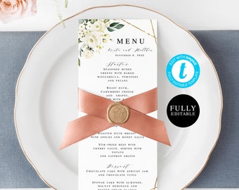 Menu Template, Fully Editable, Reception Table Decor DIY, Wedding Plate Decoration, Bridal Shower, Rehearsal Dinner, White Floral #vmt3116