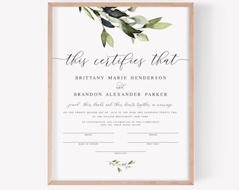 Printable Wedding Sign, Certificate Of Marriage Template, Wedding Keepsake, Personalized Gift, Calligraphy, Custom, Leaves, Greenery #vmt43