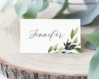 Leaves Place Cards Template, Name Templett, Instant Download, Printable, 100% Editable, Digital, Botanical, Greenery, Foliage, Green #vmt43