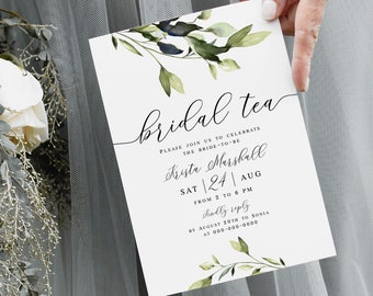 Elegante plantilla de invitación a la fiesta del té nupcial, descarga instantánea, invitación 100% editable, caligrafía, bricolaje personalizable, vegetación simple #vmt43