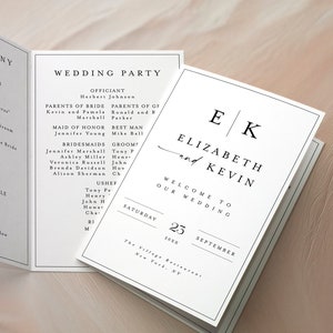 May include: Wedding ceremony program with a white background and black text. The program lists the order of events for the ceremony, including the processional, opening prayer, readings, exchange of vows, exchange of rings, charge of marriage, presentation of couple, recessional, and receiving line. The program also includes a list of the wedding party, including the officiant, maid of honor, best man, bridesmaids, and groomsmen. The program is folded in half and the front cover features the couple's initials, "E & K", and the names Elizabeth and Kevin. The date of the wedding is Saturday, September 23rd.