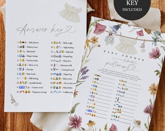 Emoji Pictionary-babyshowerspel, Emoji-pictionary-spel met wilde bloemen, Emoji-spel babyshower, Emoji-babyshowerspel met antwoordsleutel #c82