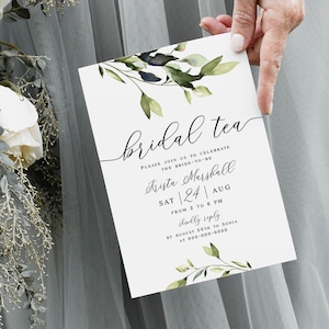 Elegant Bridal Tea Party Invitation Template, Instant download, 100% Editable Invite, Calligraphy, DIY Customizable, Simple Greenery #vmt43