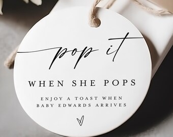 Pop and Cheer Baby Shower Champagne Favor Tags, Personalized Round Bottle Tags