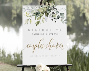 Greenery Branches Couples Shower Welcome Sign Template, Wedding Party Decor, Instant Download, Reception Poster, Board, Gold, Bohemian #c61