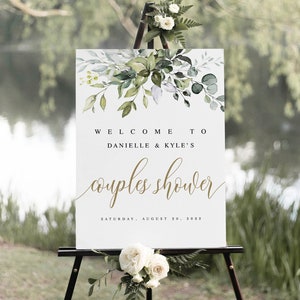 Grüne Zweige Paare Duschen Willkommen Zeichen Vorlage, Hochzeit Party Dekor, Sofort Download, Empfang Poster, Tafel, Gold, Boho #c61