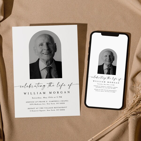 Funeral Evite, Edit With Templett, Electronic Invitation, Round Photo, In Loving Memory, Text Message Death Announcement, iPhone, DIY #f37